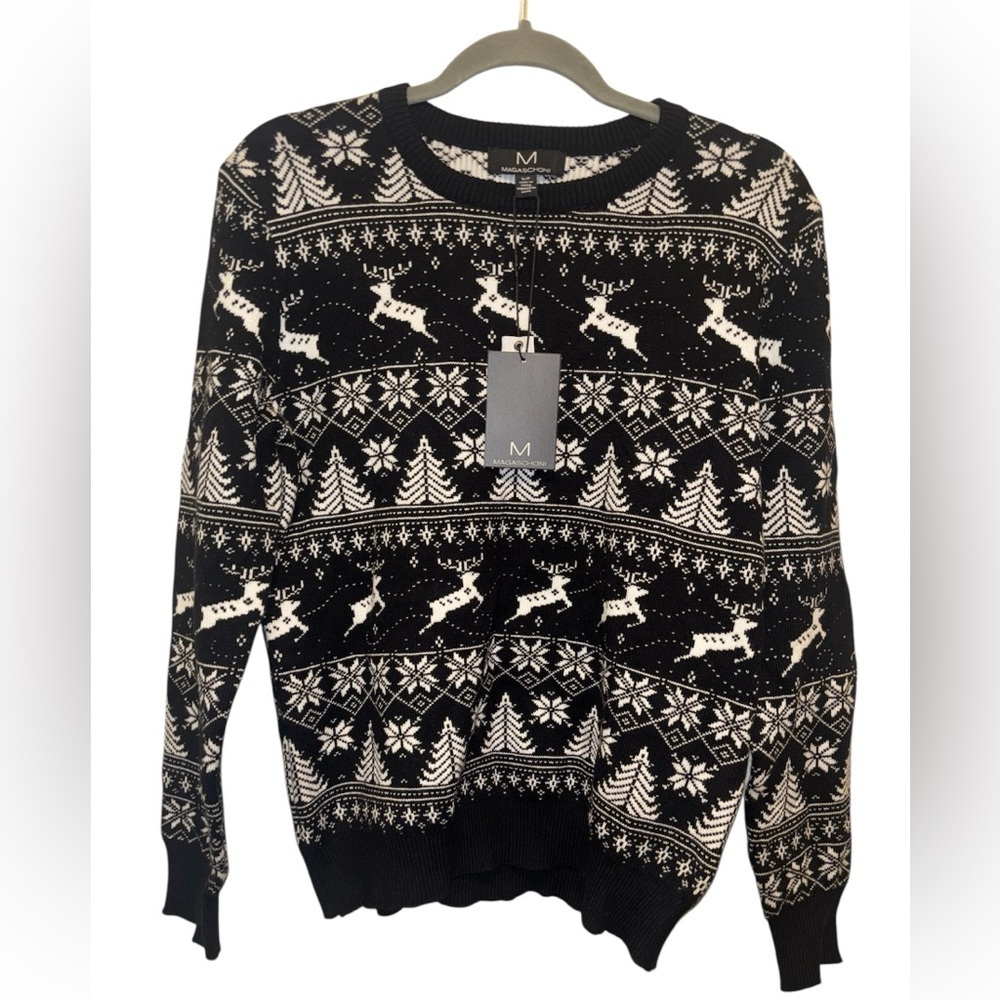 Magaschoni Women Black Ivory Fair Isle Reindeer Pine Tree Pullover Sweater